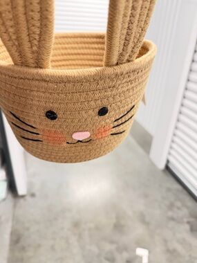 Cute Bunny Rope Basket in Tan with Pink Accent by spritz nwt